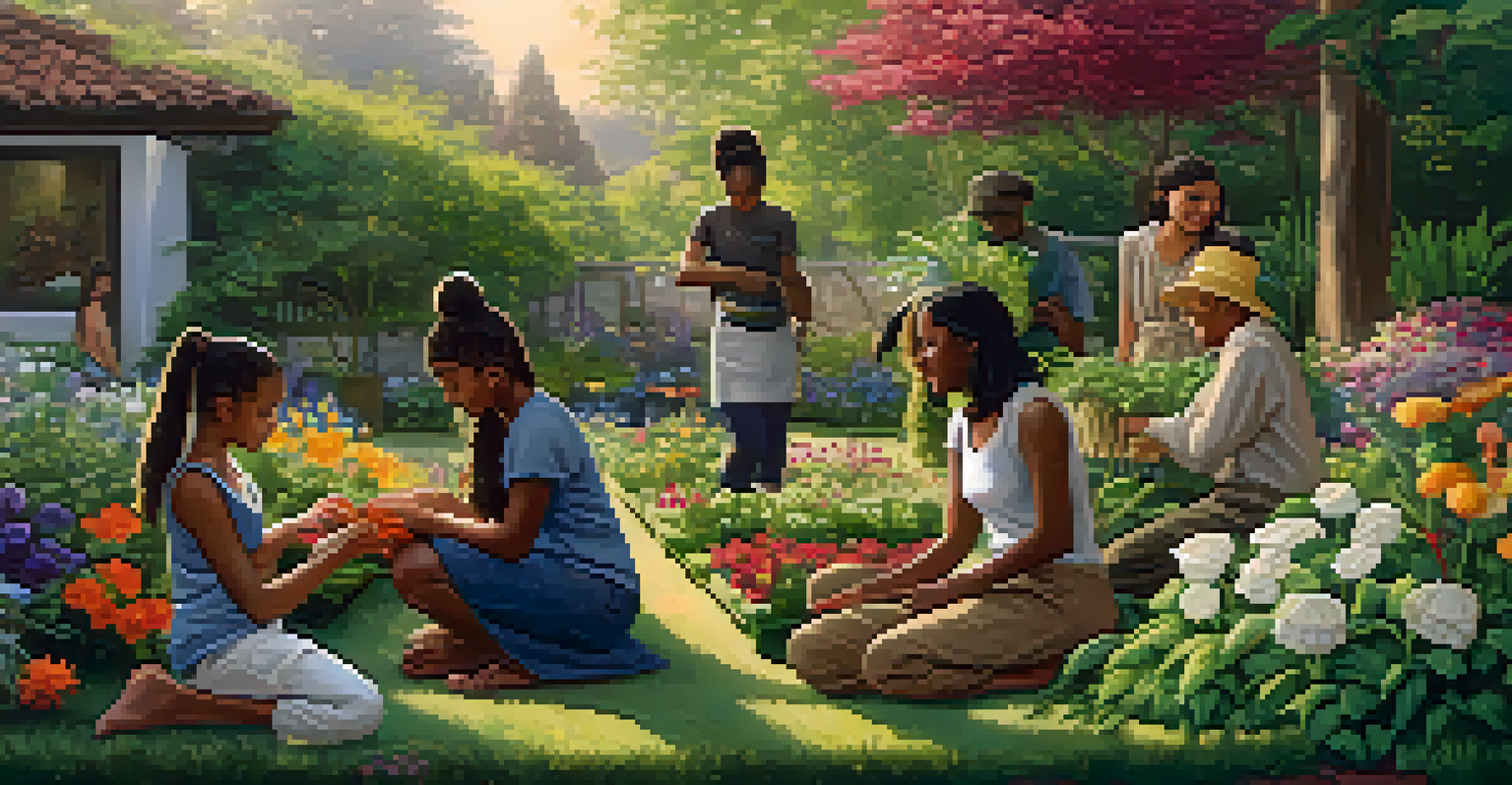A diverse group of individuals planting seeds in a lush garden, symbolizing growth through service and community connection.