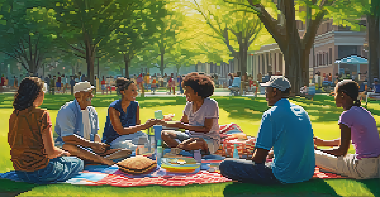 A diverse group of people enjoying a community gathering in a park, sharing stories and smiles on colorful picnic blankets under dappled sunlight.