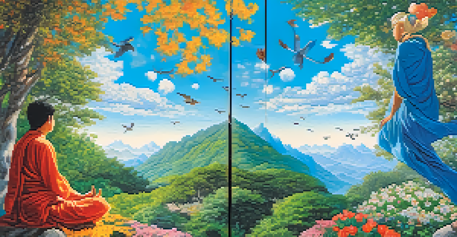 A split image showing a person flying in a blue sky and another meditating in a peaceful garden.