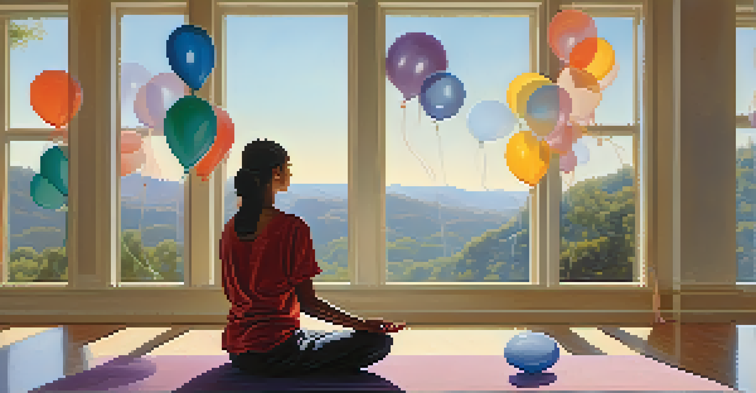 A person meditating in a sunlit room with balloons floating away, symbolizing the release of negative emotions.
