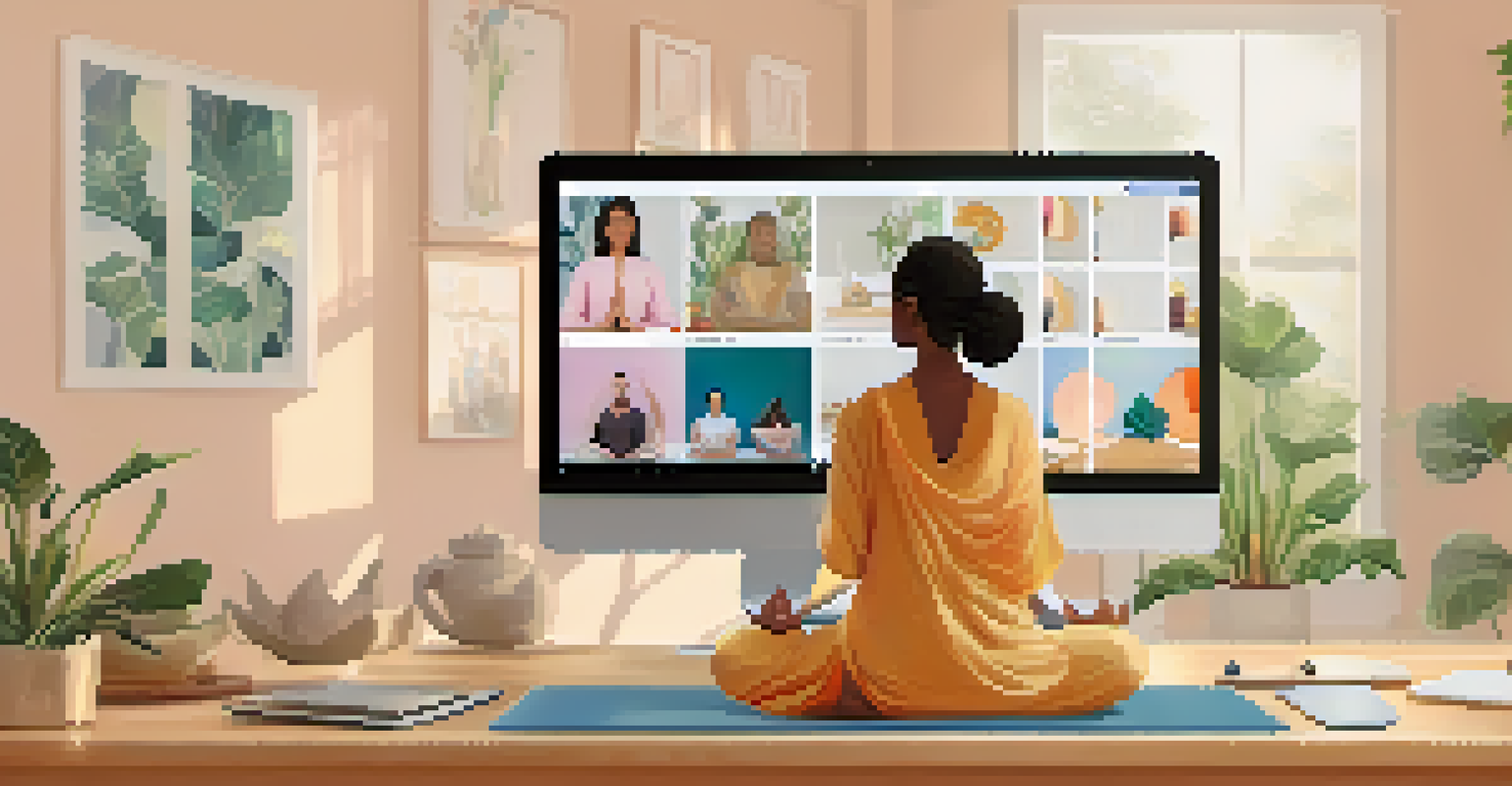 A computer screen showing a virtual meditation class with diverse participants in tranquil poses, set against a calming pastel background.