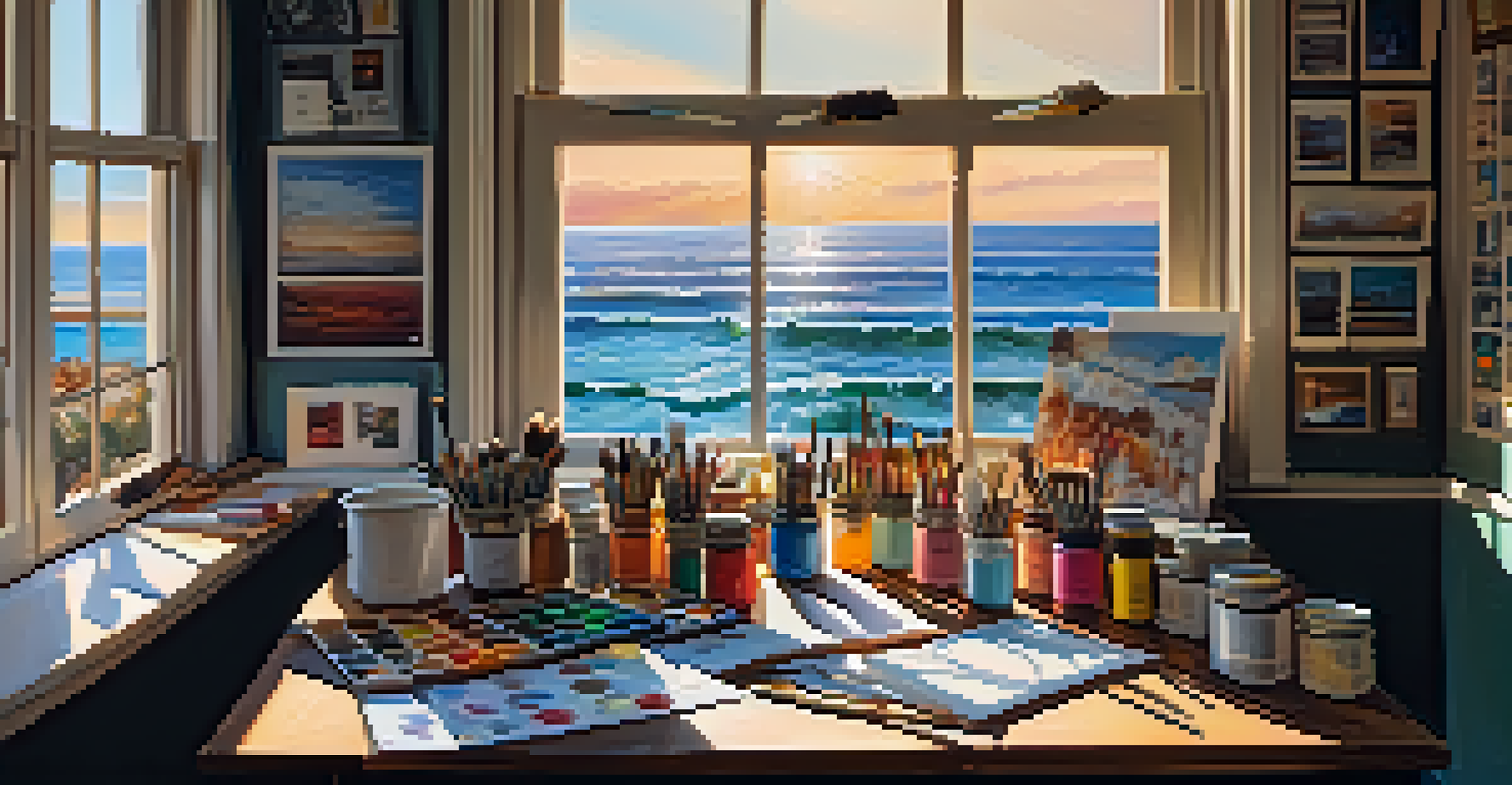 A bright artist's workspace with paints and brushes scattered on a table, and a sunset painting in progress beside sketches.