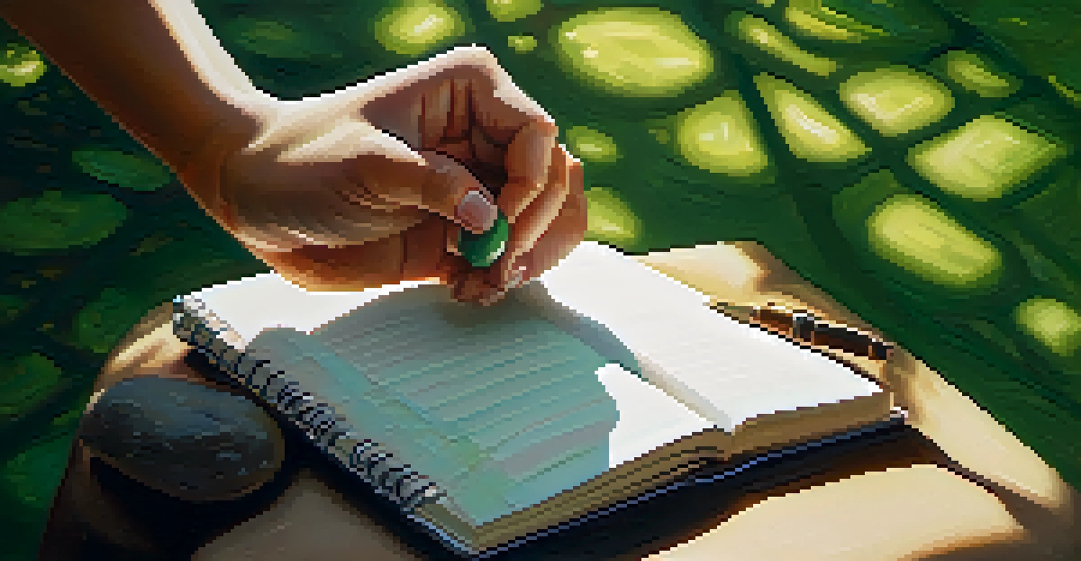 A pair of hands holding a heart-shaped stone and a small notebook in a tranquil park setting.