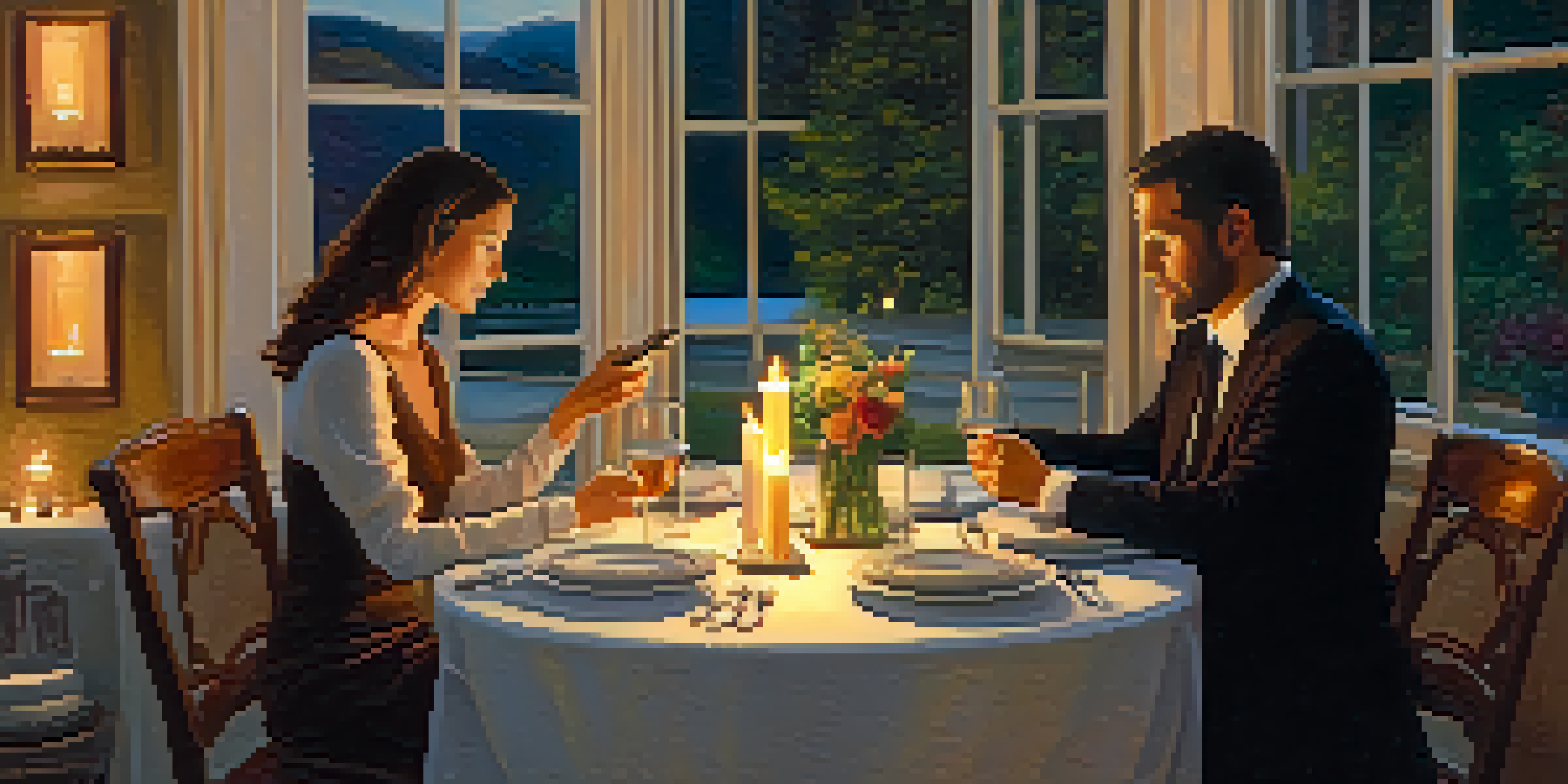 A couple having a deep conversation at a candlelit dinner table, with their phones set aside, showcasing connection and attentiveness.