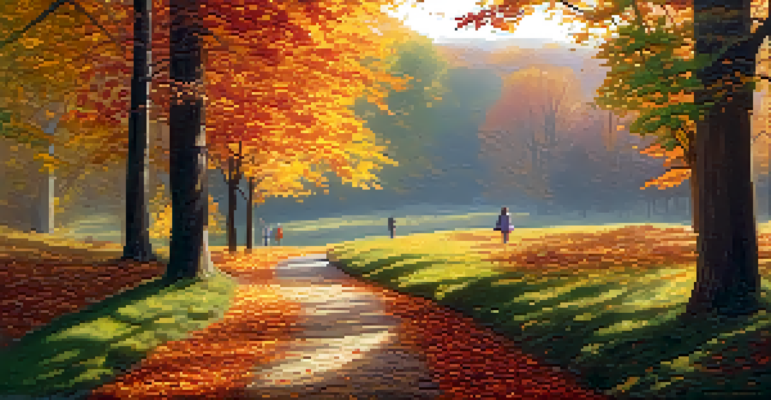 A person walking on a winding path surrounded by colorful autumn trees, enjoying the tranquility of nature.
