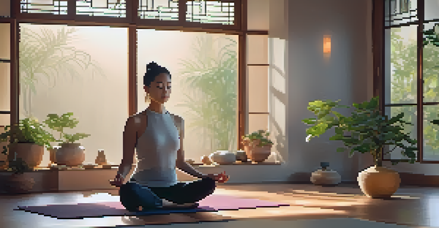 A person meditating in Qigong posture in a softly lit indoor room with calming decor.