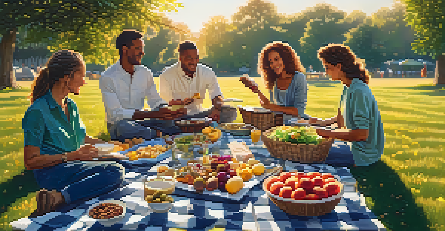 An outdoor picnic with a blanket and healthy dishes, bathed in golden hour sunlight.