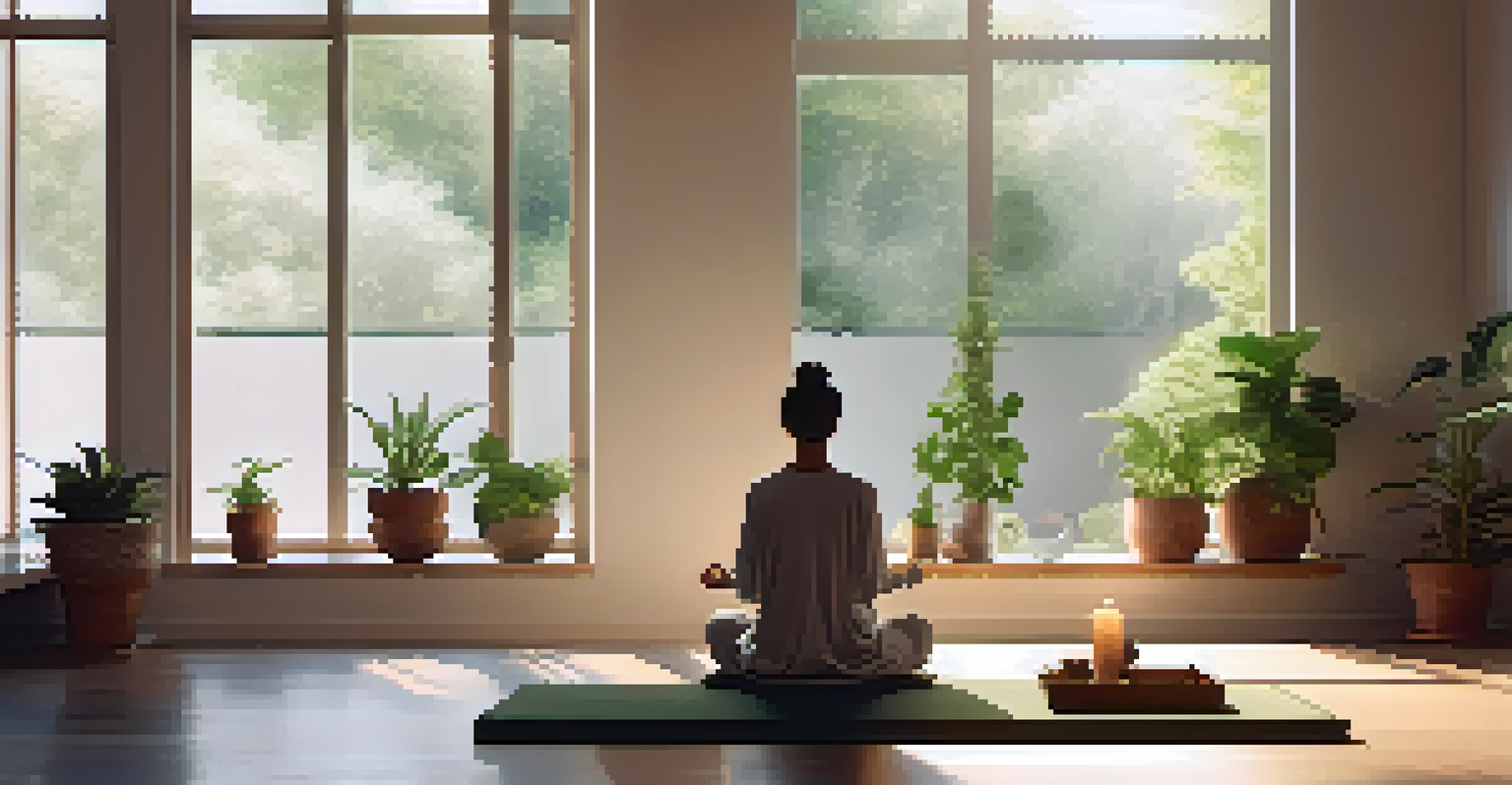 A peaceful meditation scene with a person sitting cross-legged on a mat in a minimalist room filled with plants and natural light, with candles on a table.