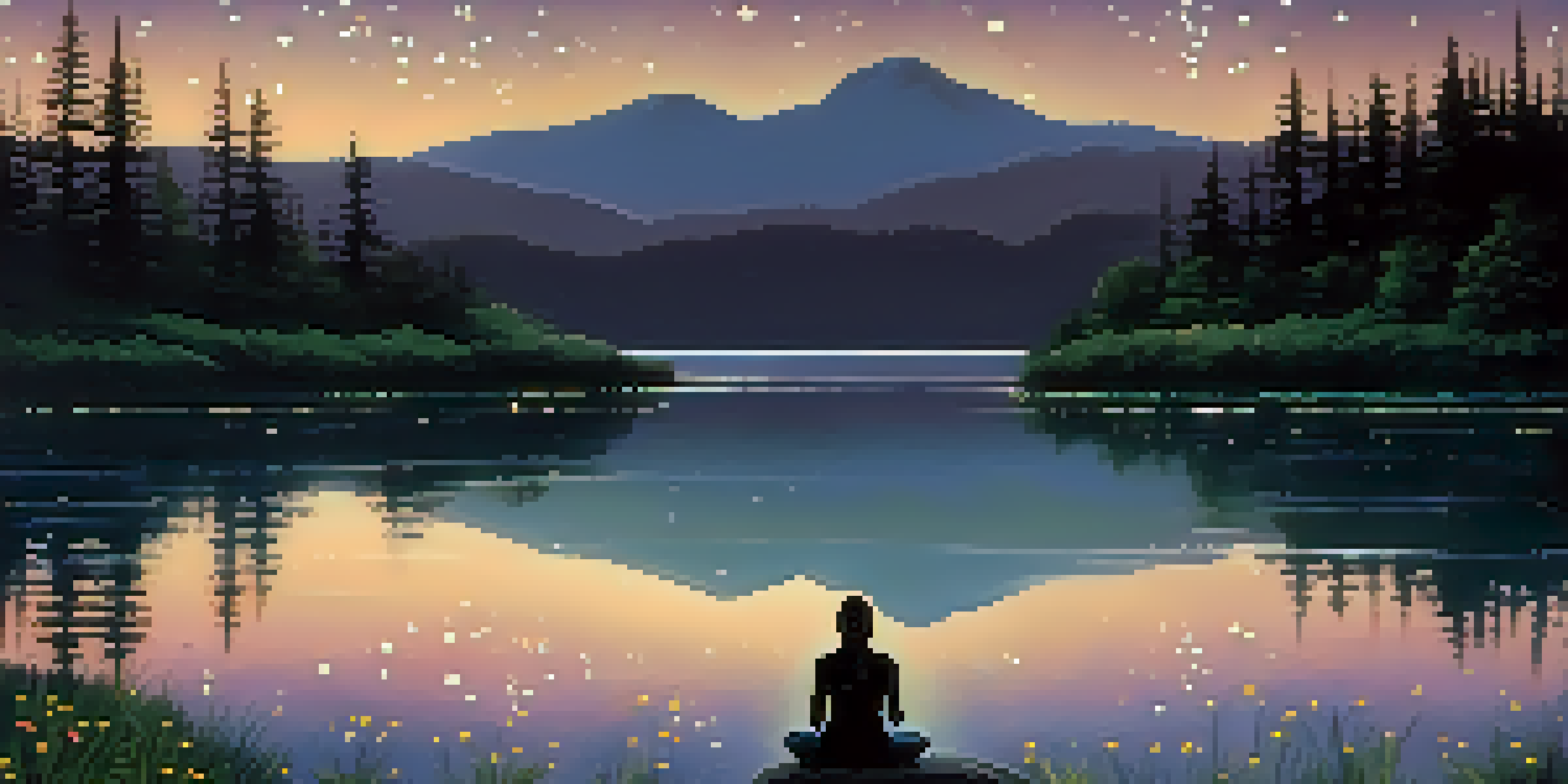 A peaceful night scene with a starry sky, crescent moon, and a person meditating by a lake surrounded by greenery.