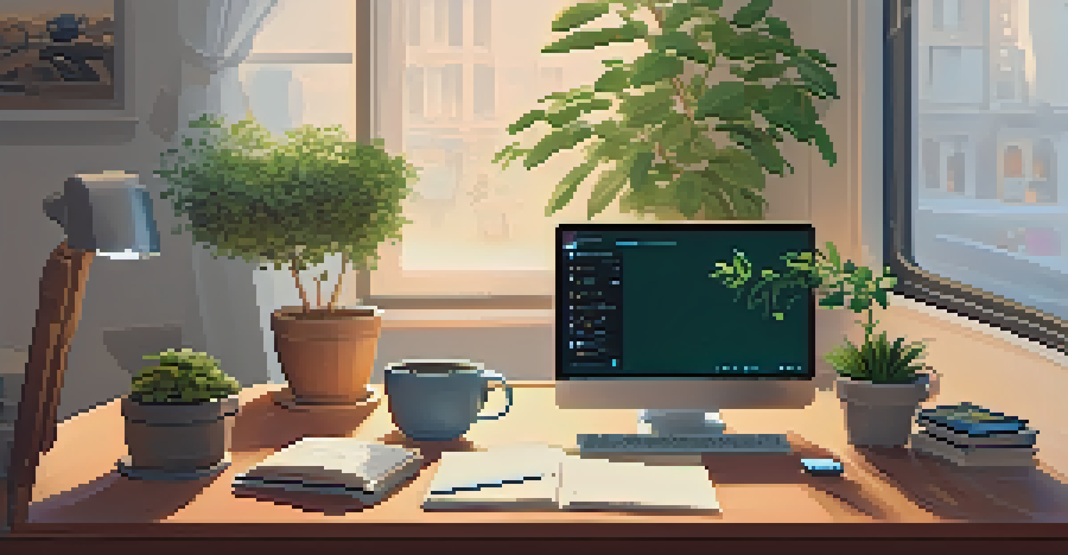 A cozy home office with a computer screen showing an AI chatbot, accompanied by books and plants.