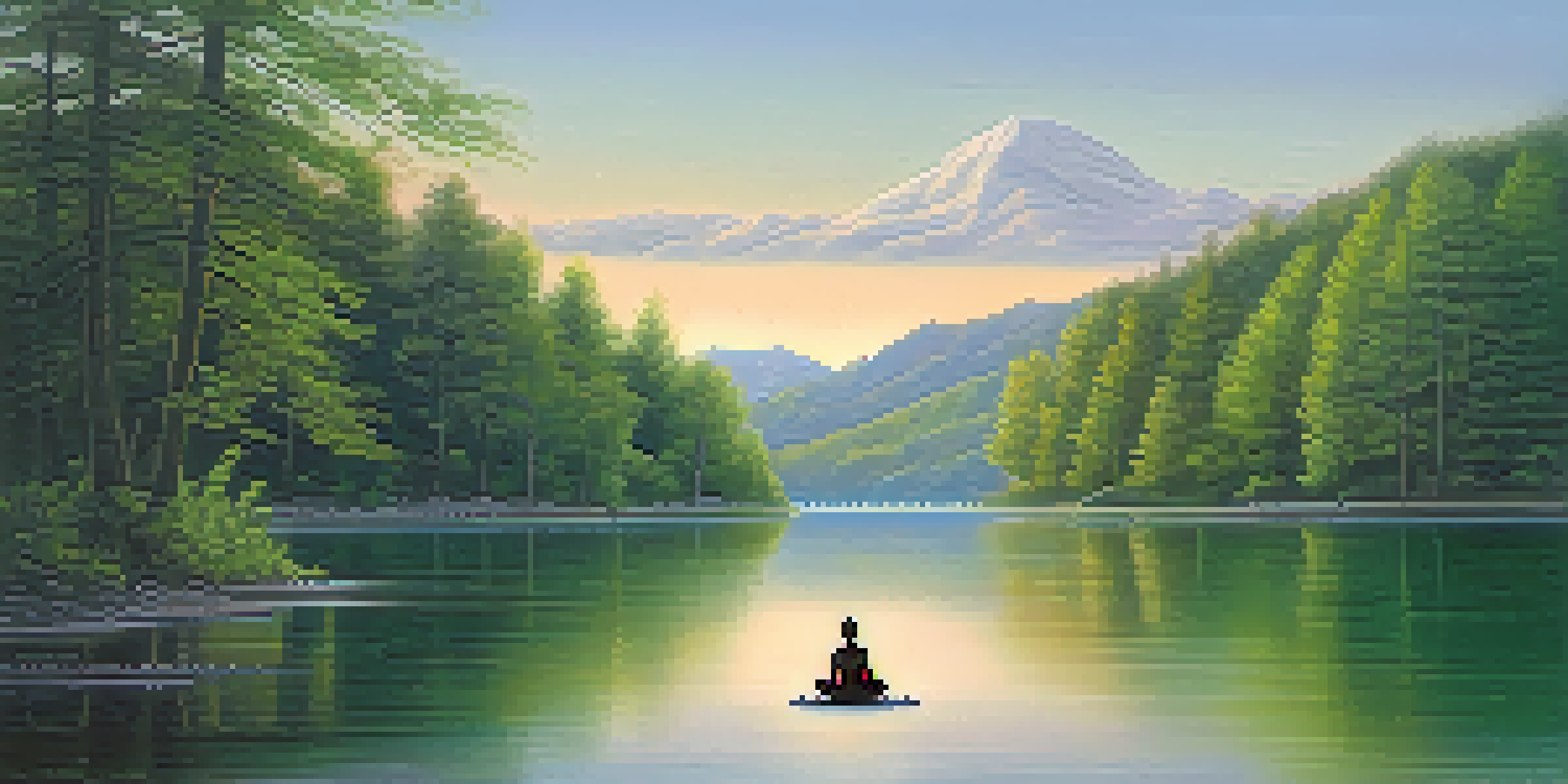 A peaceful landscape with a lake, trees, and mountains at sunrise, with a person practicing yoga by the shore.