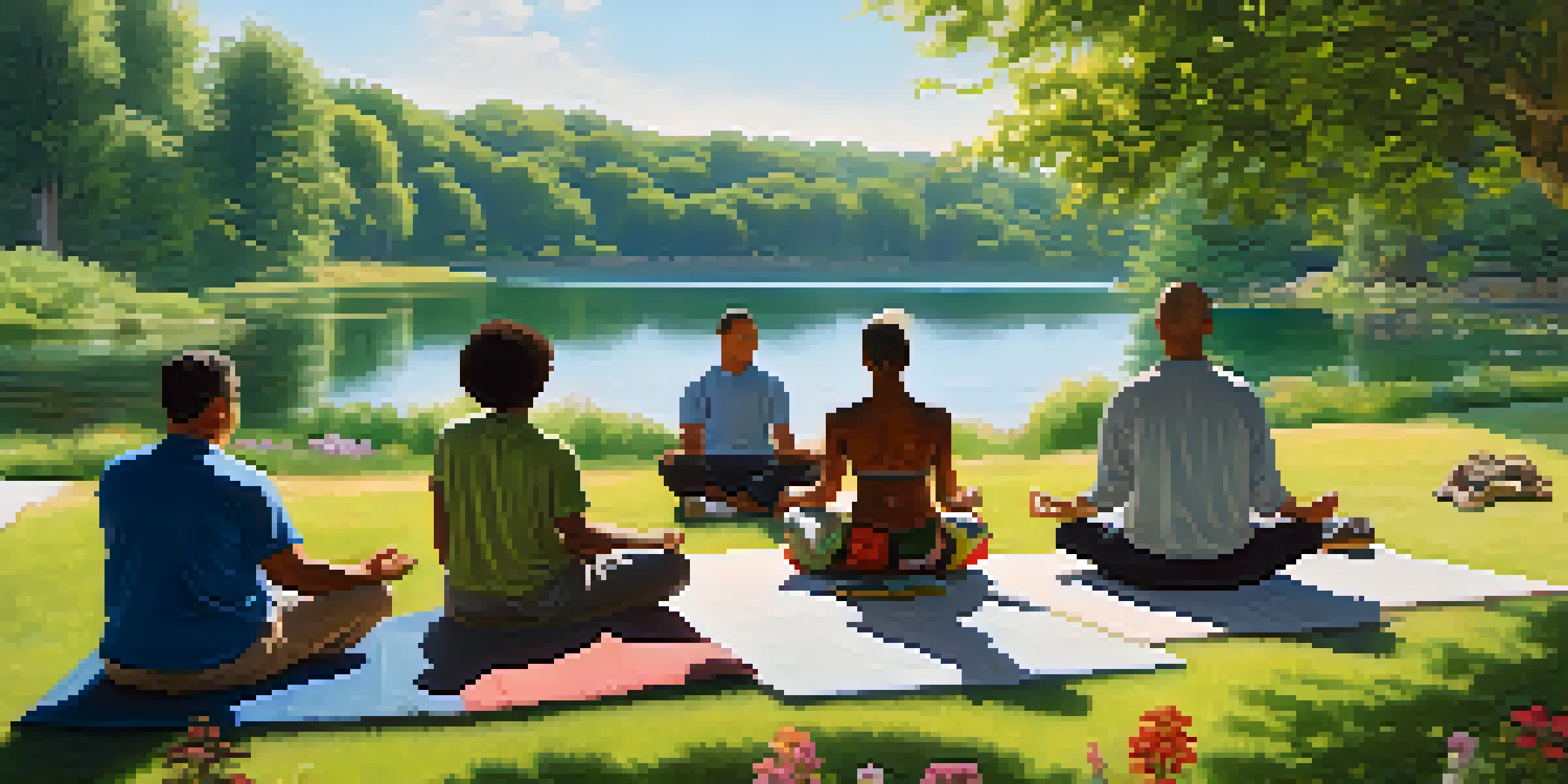 A diverse group of people meditating together in a sunlit park, surrounded by trees and flowers.