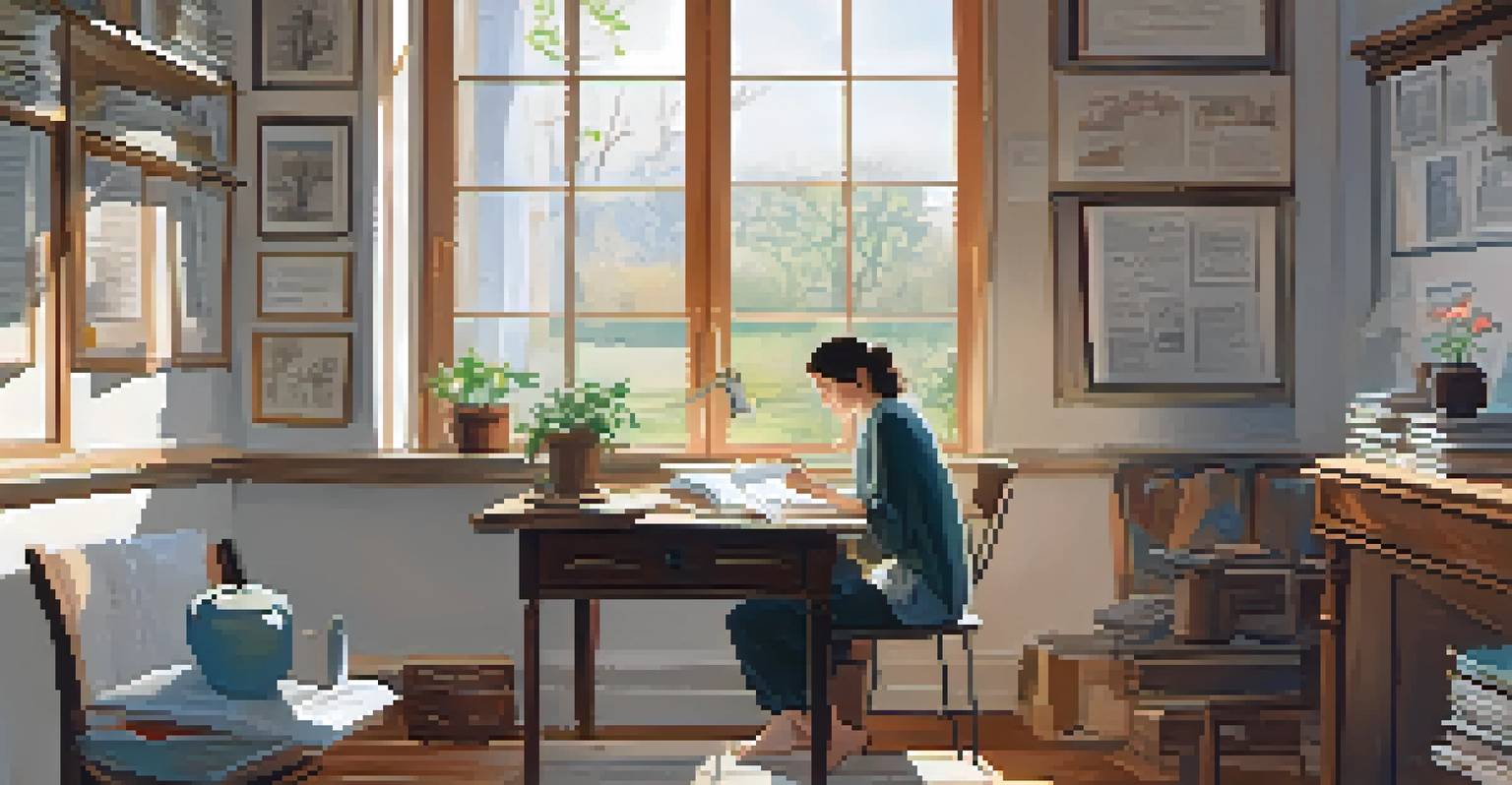 A person journaling at a desk with tea, bathed in soft natural light, surrounded by handwritten notes and a cozy ambiance.