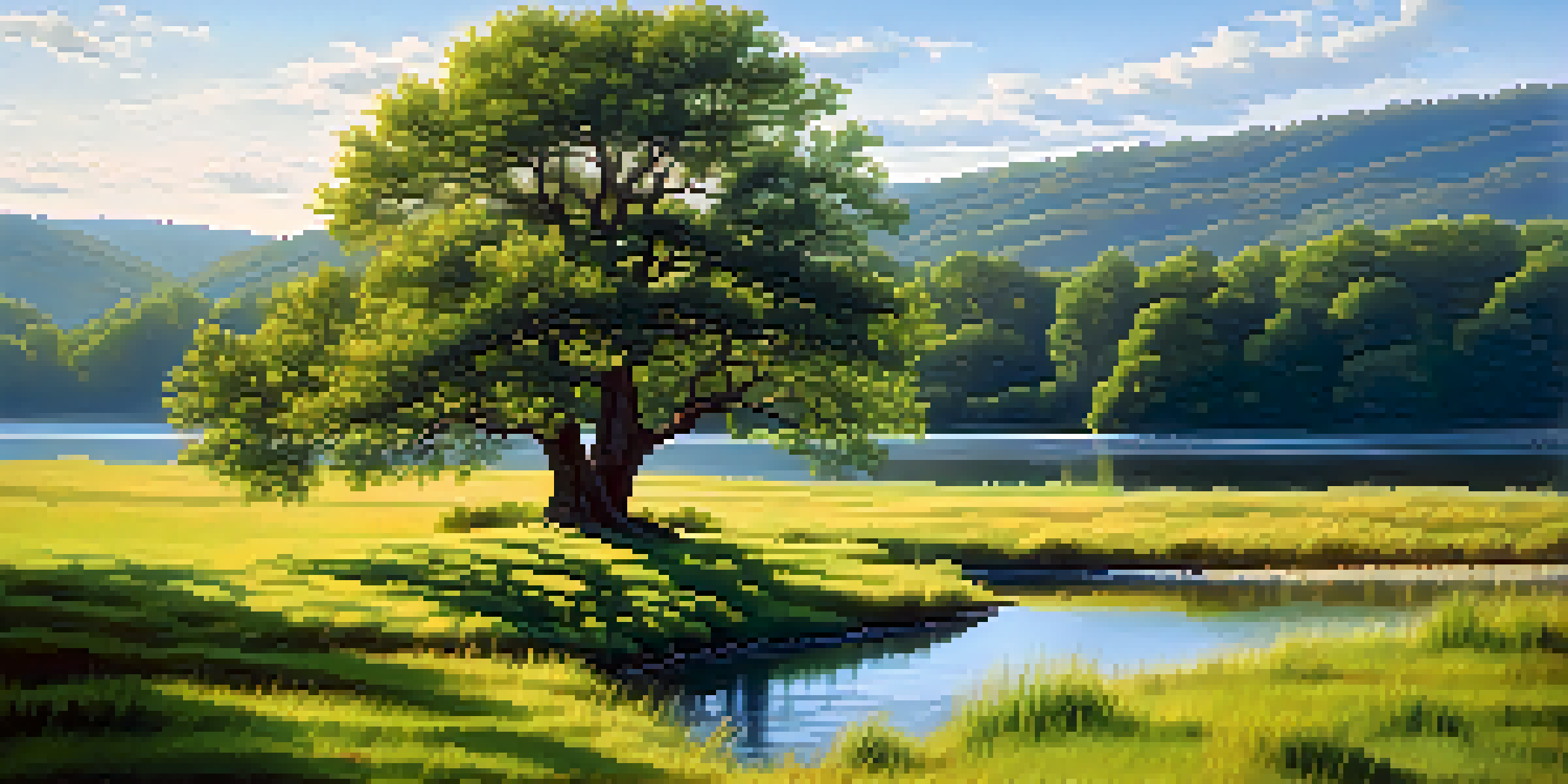 A tranquil scene of a perfect tree in a sunlit meadow with rolling hills and a river in the background.