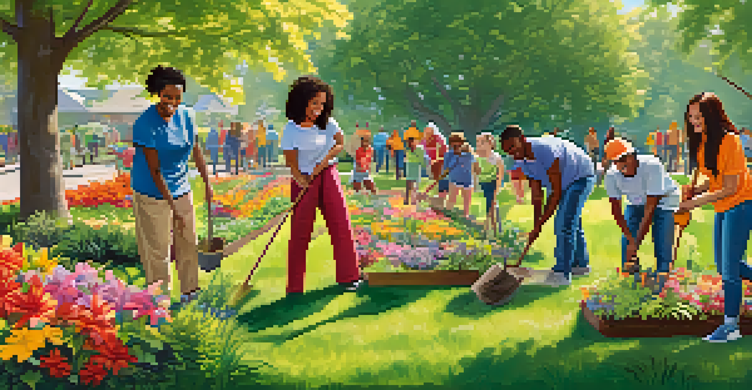 A diverse group of people planting trees and flowers in a sunny park, showcasing community and kindness.