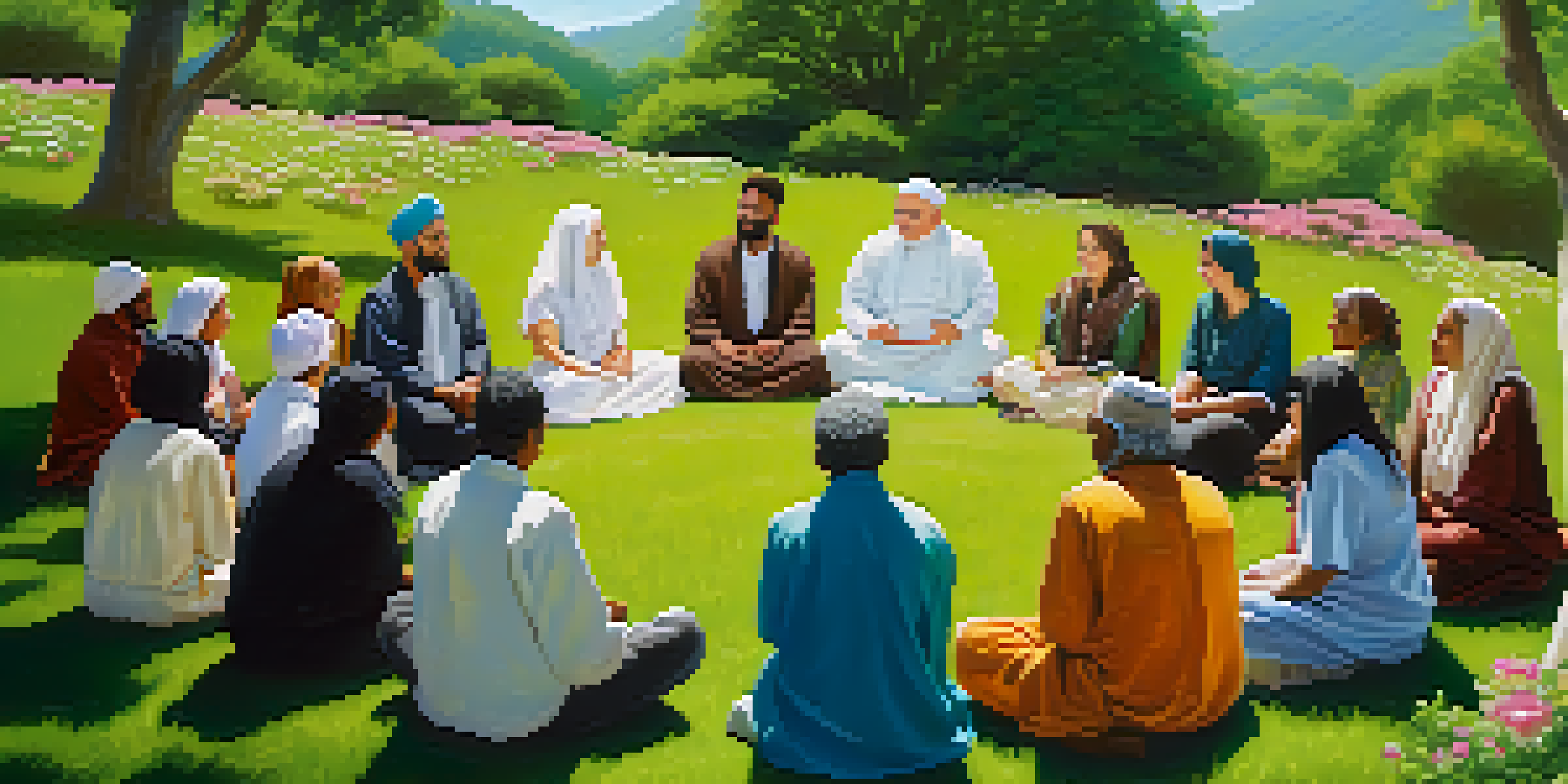 A diverse group of people sitting in a circle on a grassy hill, engaged in conversation, surrounded by greenery and flowers, under a clear blue sky.