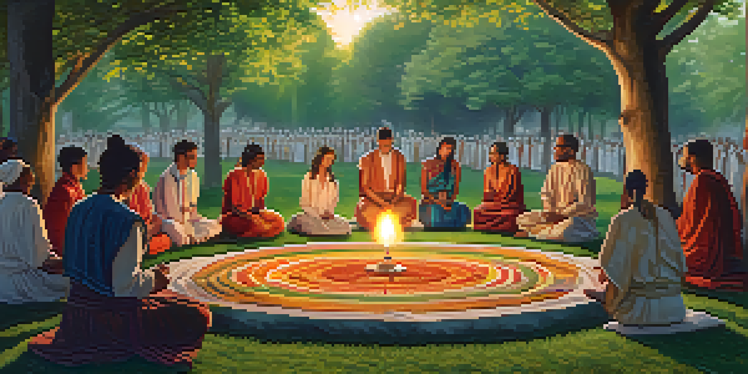 A diverse group of individuals gathered in a circle for a spiritual ritual in a green park, lighting candles and sharing stories under soft sunlight.