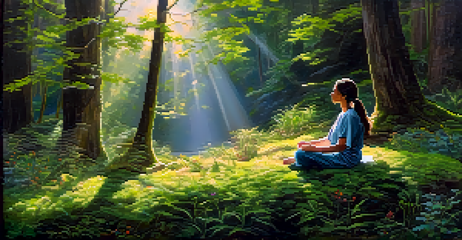 A person meditating peacefully in a lush forest, surrounded by wildflowers and sunlight filtering through the trees.