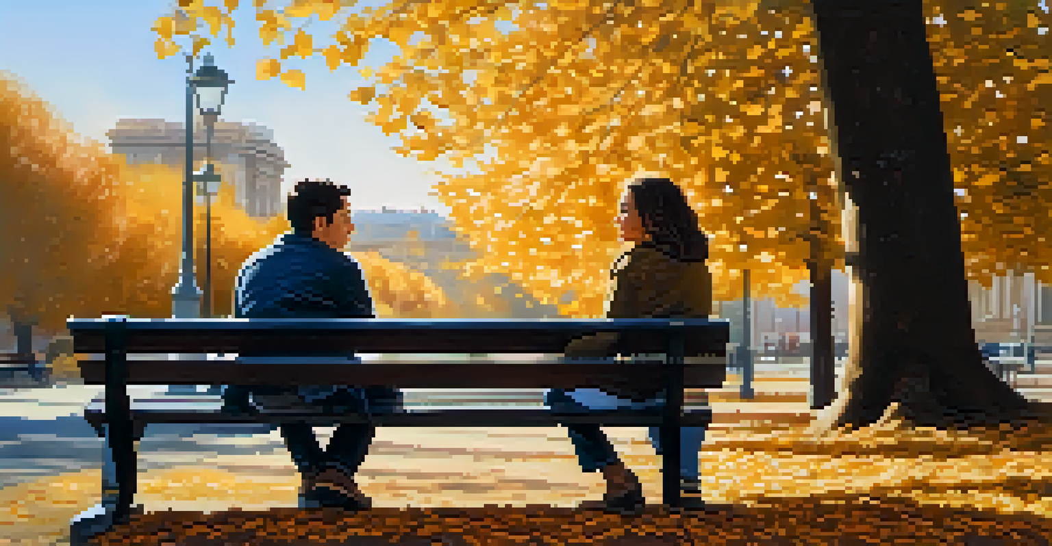 Two friends sitting on a park bench in warm light, having a heartfelt conversation.