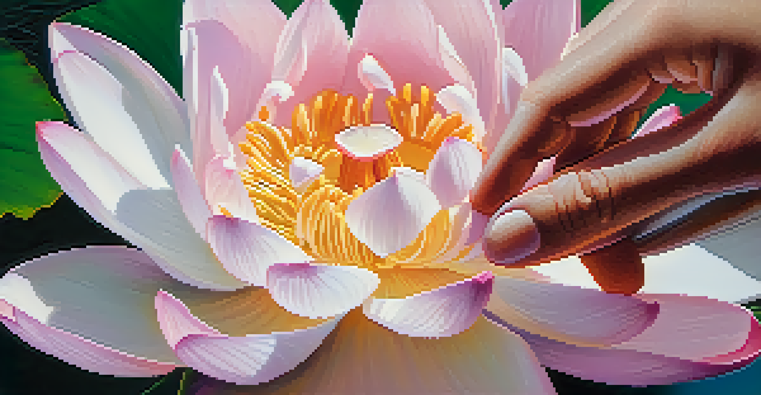 A close-up of a hand holding a blooming lotus flower with soft pink petals against a tranquil water background.