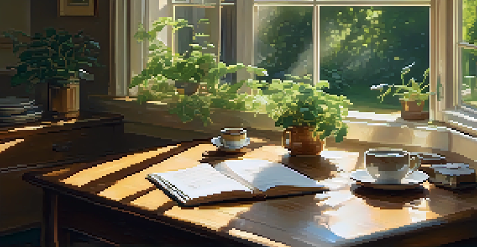 A cozy breakfast table with coffee and an open gratitude journal, illuminated by soft sunlight.