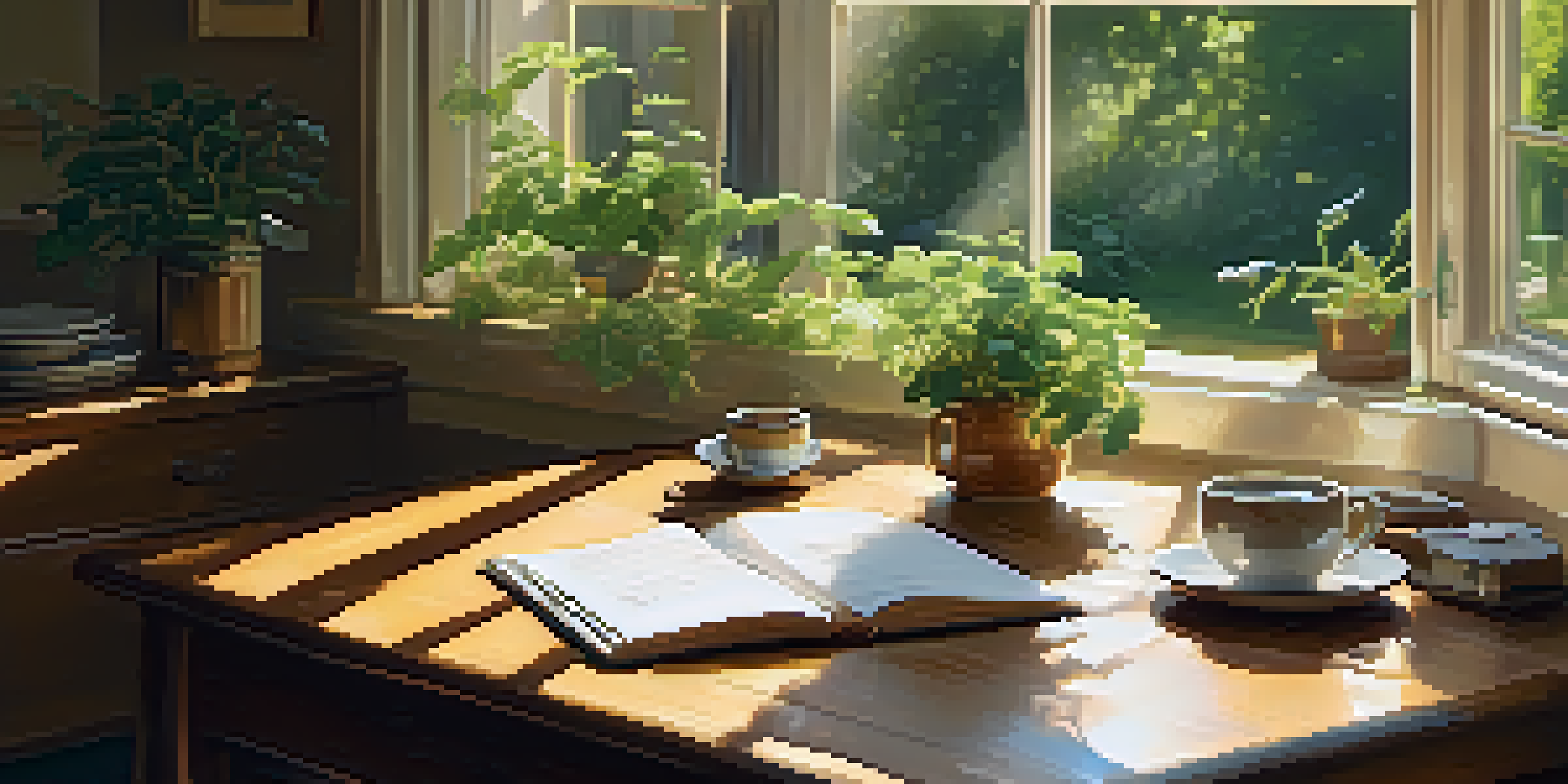 A cozy breakfast table with coffee and an open gratitude journal, illuminated by soft sunlight.