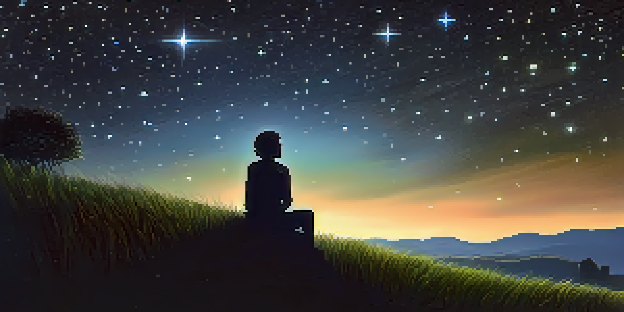 A person sitting on a grassy hill looking up at a star-filled night sky, symbolizing human connection to the cosmos.