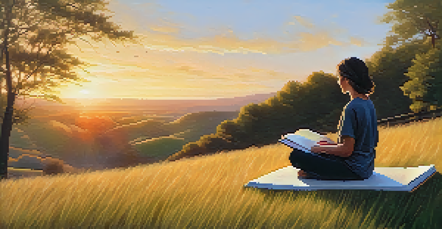 A person meditating on a grassy hill at sunset with a journal nearby.