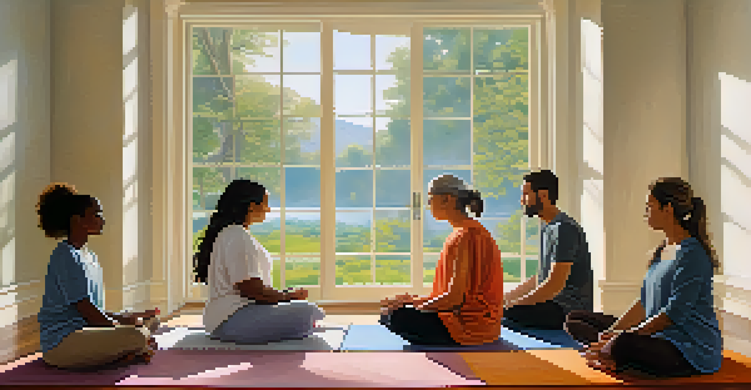 A group of individuals meditating in a peaceful indoor space, surrounded by soft lighting and nature views.