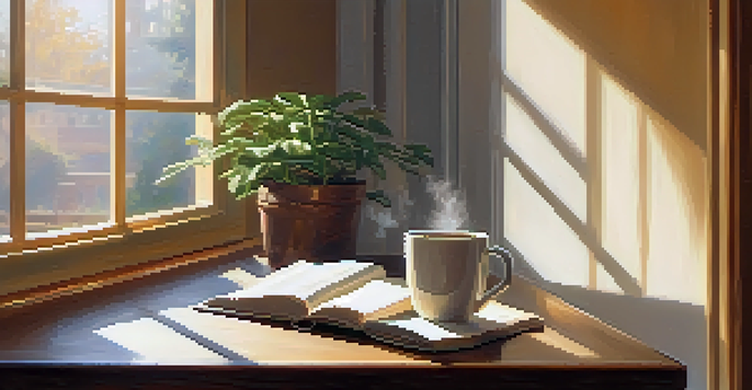 A person enjoying coffee at a wooden table with sunlight streaming through a window, creating a peaceful atmosphere.