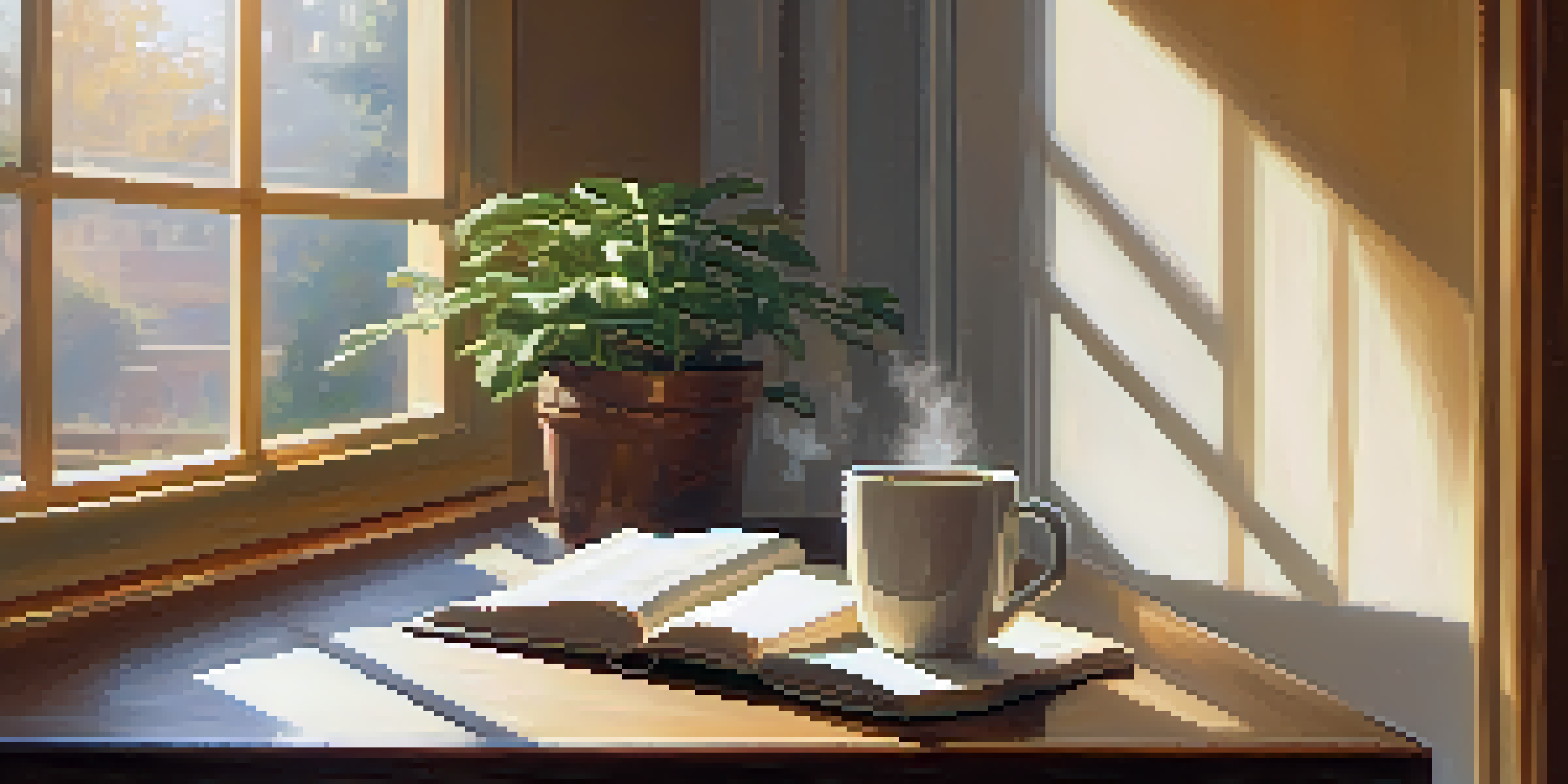 A person enjoying coffee at a wooden table with sunlight streaming through a window, creating a peaceful atmosphere.