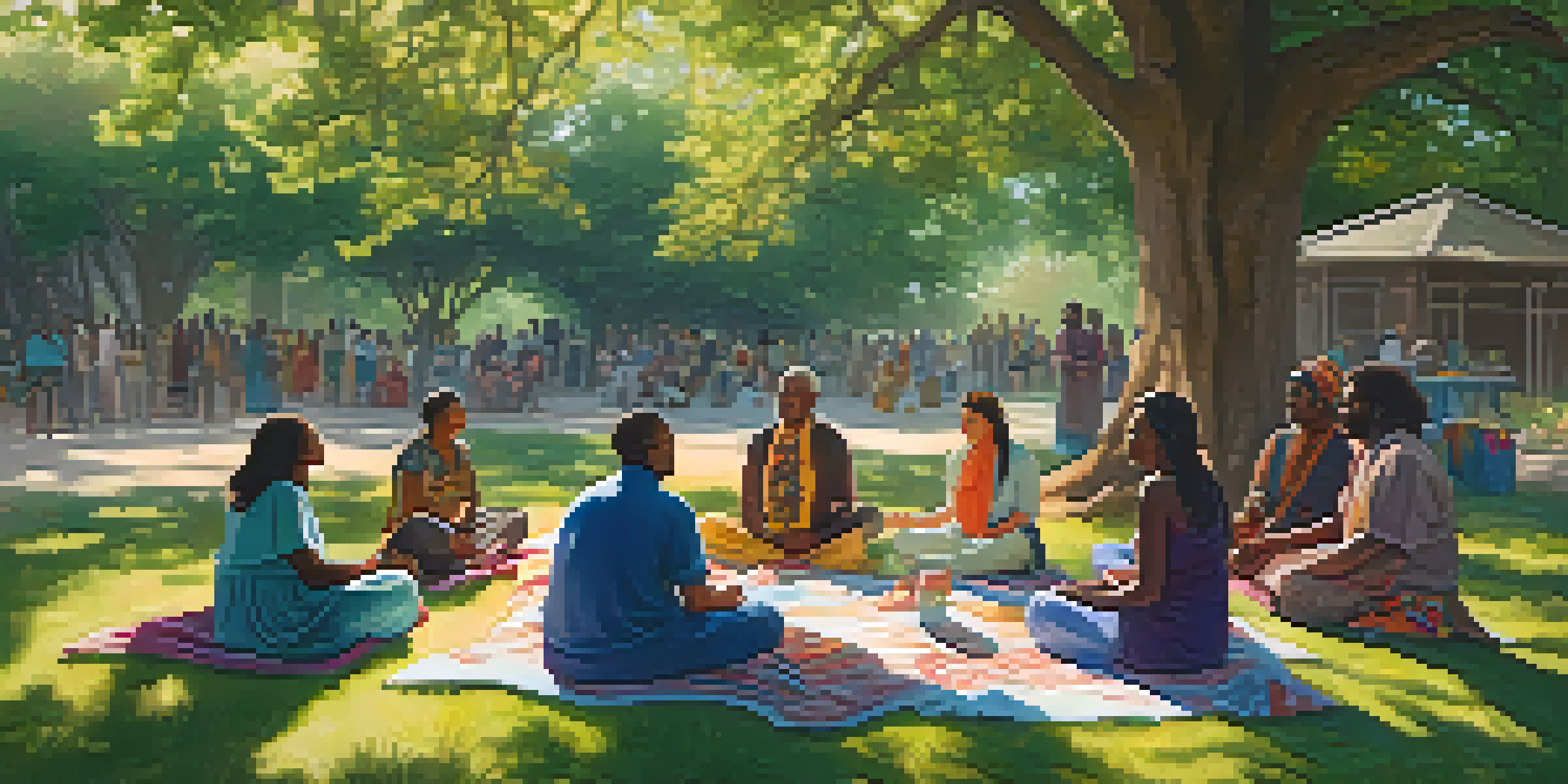 A diverse group of individuals sitting in a circle on colorful cushions, meditating together under a large oak tree with sunlight filtering through the leaves.