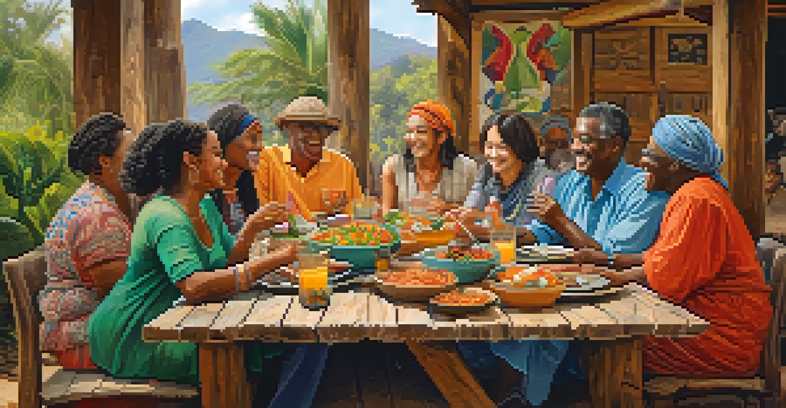 A diverse group of people around a rustic wooden table sharing a communal meal, engaged in conversation and laughter.