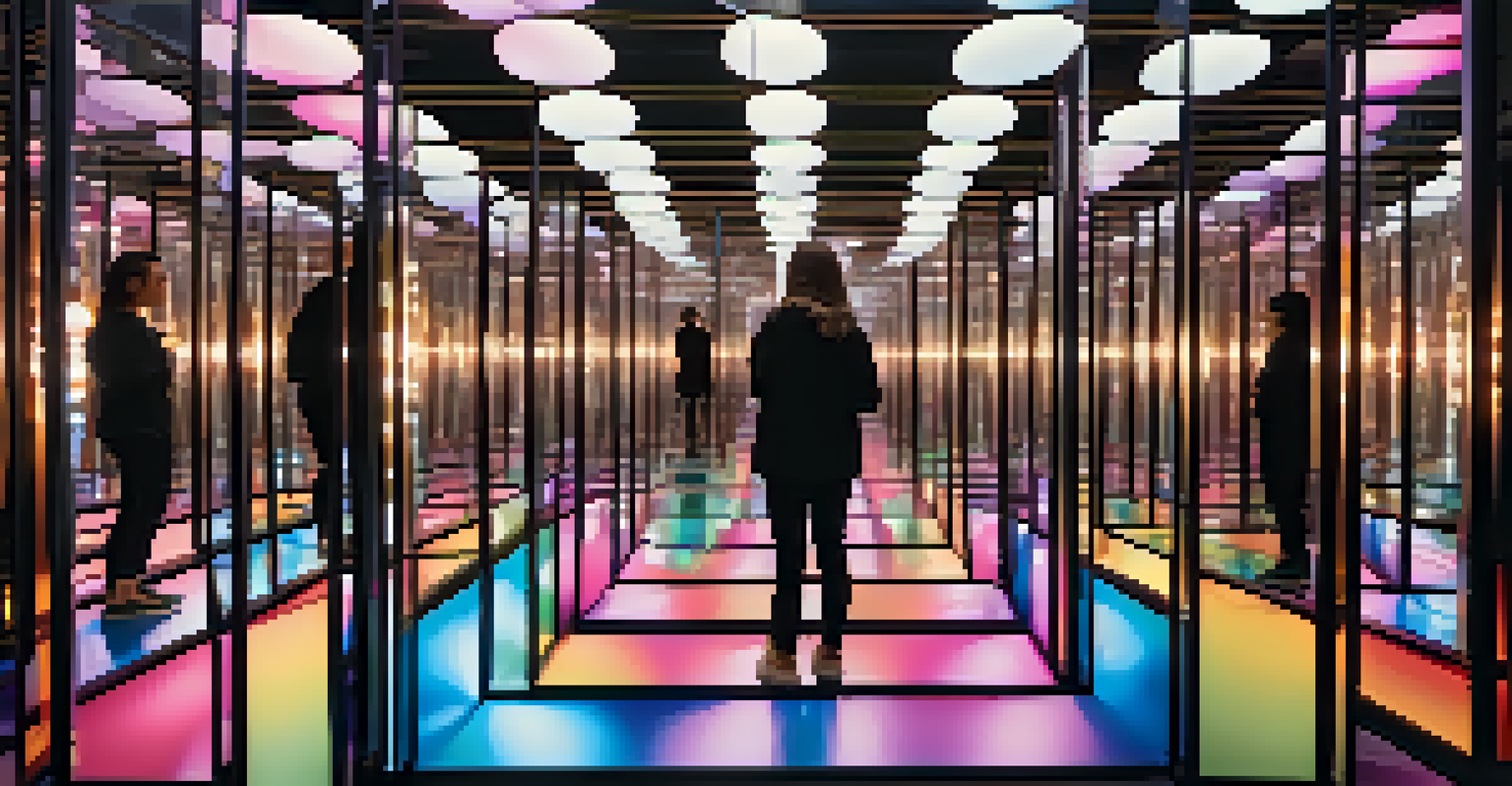An installation art piece with mirrors and colorful lights, showcasing reflections of visitors and symbolizing interconnectedness.