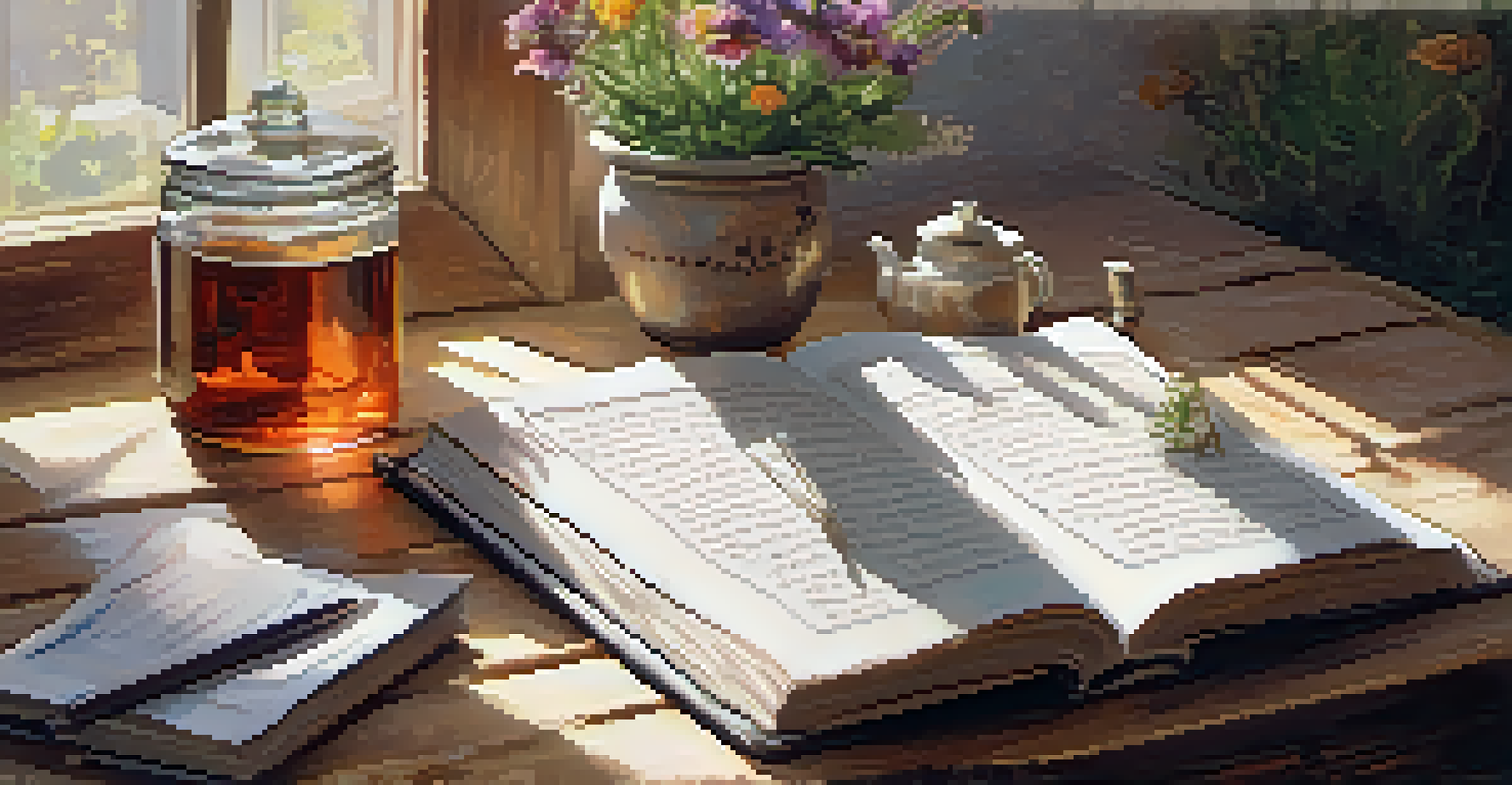 A gratitude journal with handwritten notes on a wooden table, accompanied by a cup of herbal tea and a vase of fresh flowers, illuminated by natural light.