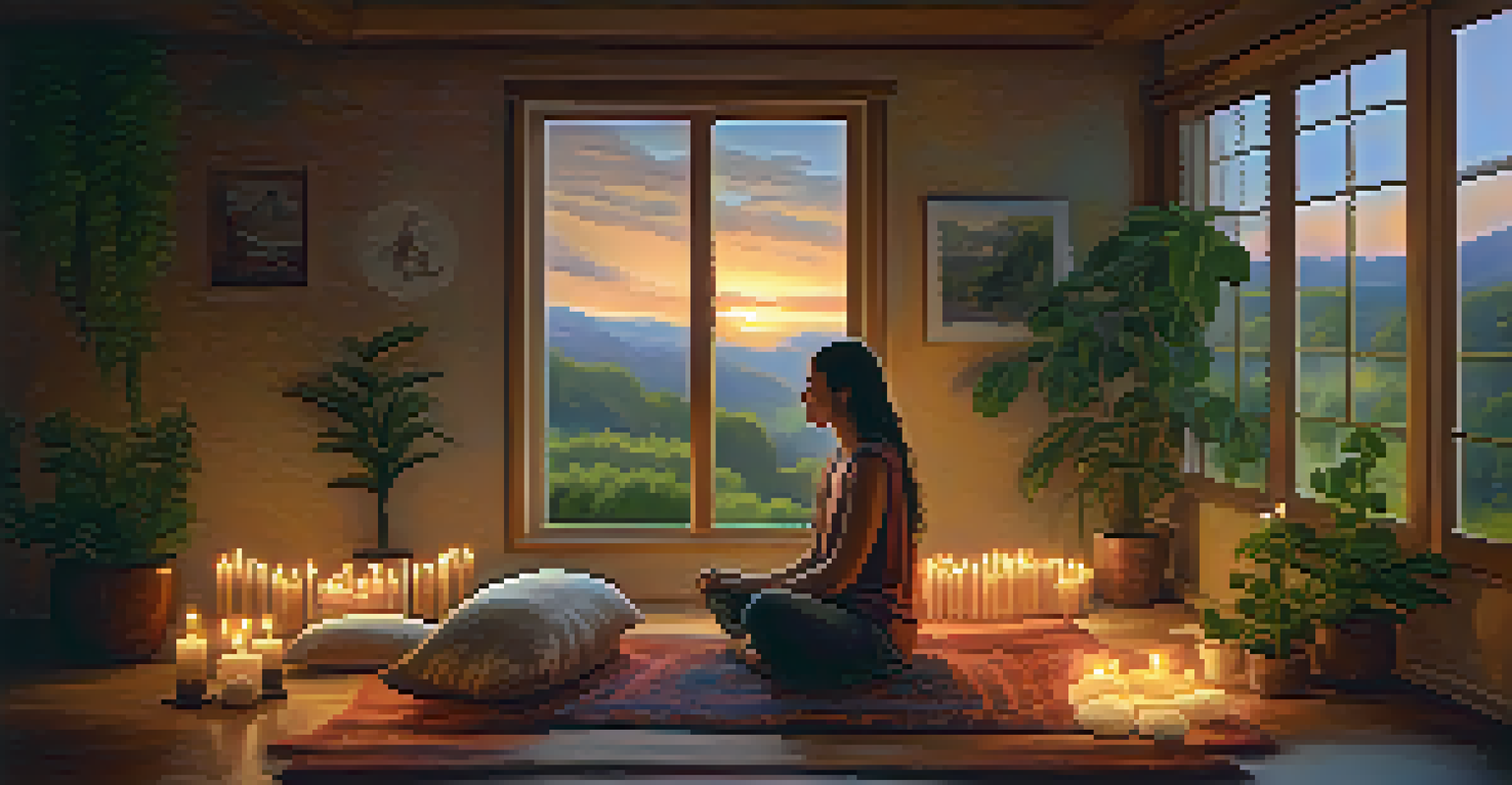 A cozy room with a person meditating, surrounded by candles and plants, creating a peaceful atmosphere.