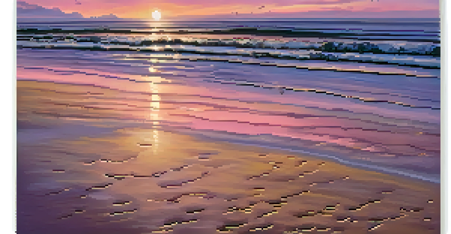 A sunset beach scene with colorful skies and gentle waves, seagulls flying above.