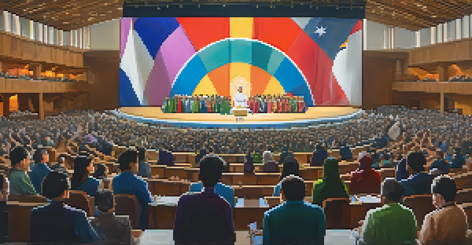 An auditorium filled with diverse participants at the Parliament of the World's Religions, listening to a speaker on stage decorated with flags.