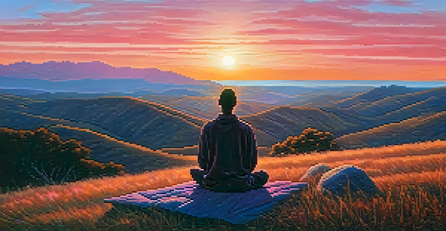 A silhouette of a person meditating on a hilltop at sunrise, with vibrant colors in the sky creating a peaceful atmosphere.