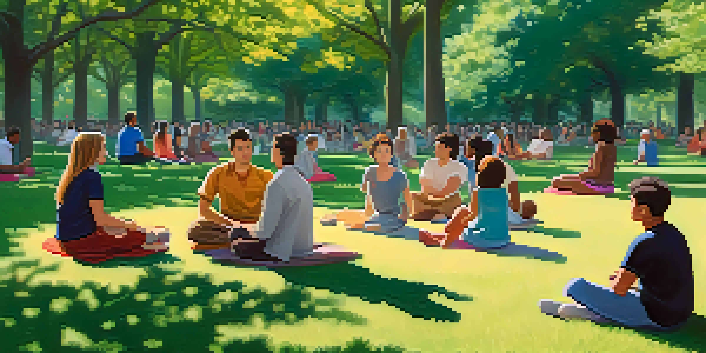 A diverse group of people sitting in a circle in a park, engaged in a respectful conversation, with hands held together under sunlight filtering through trees.