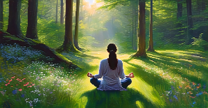 A person meditating in a peaceful forest surrounded by sunlight and wildflowers.