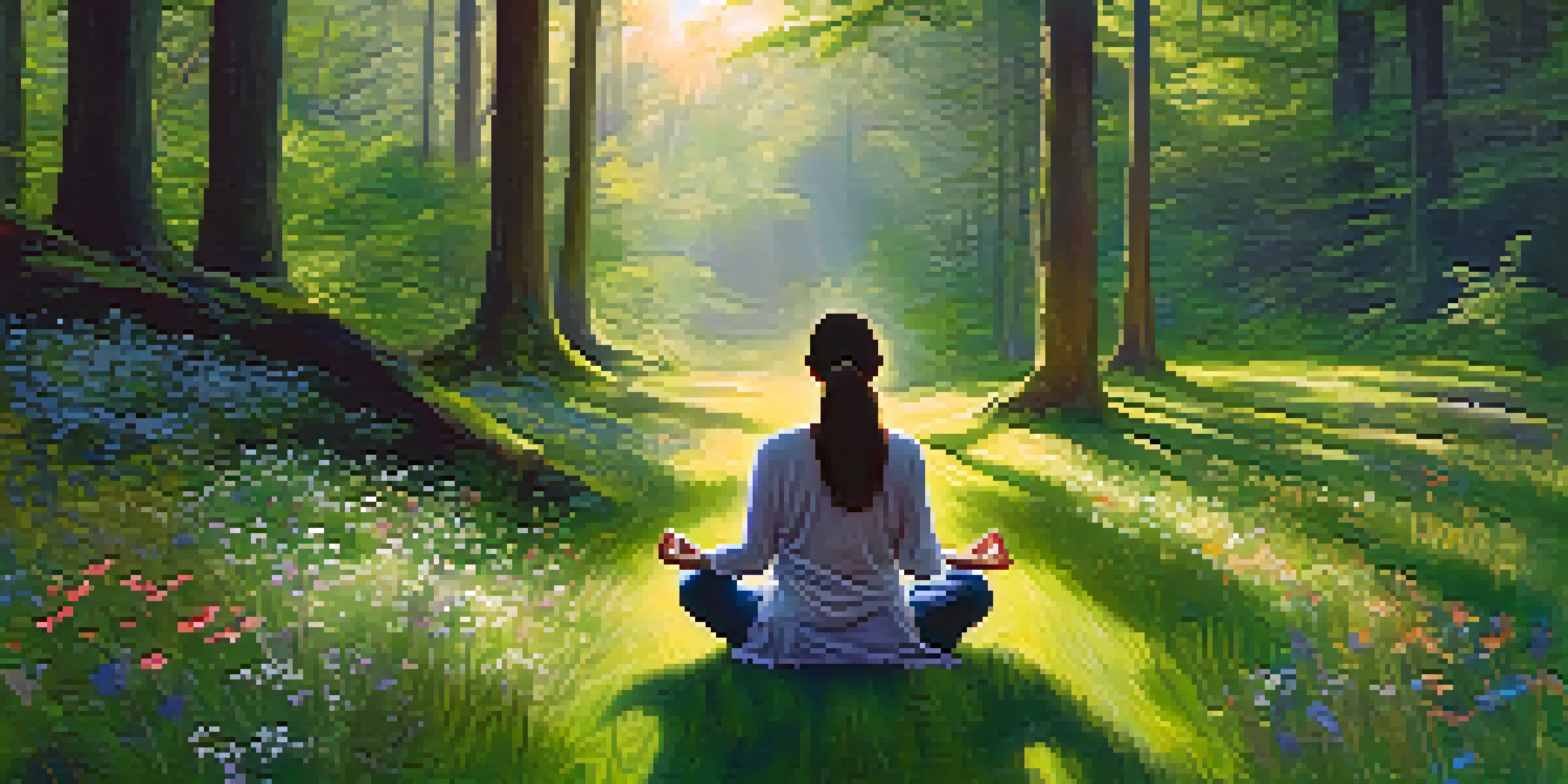 A person meditating in a peaceful forest surrounded by sunlight and wildflowers.