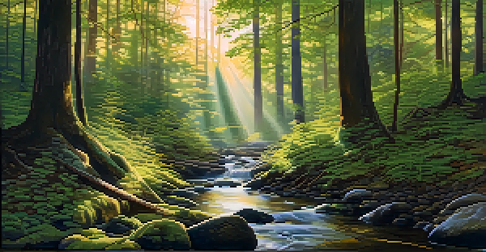 A tranquil forest at dawn with sunlight filtering through trees and a gentle stream, representing guidance and intuition.