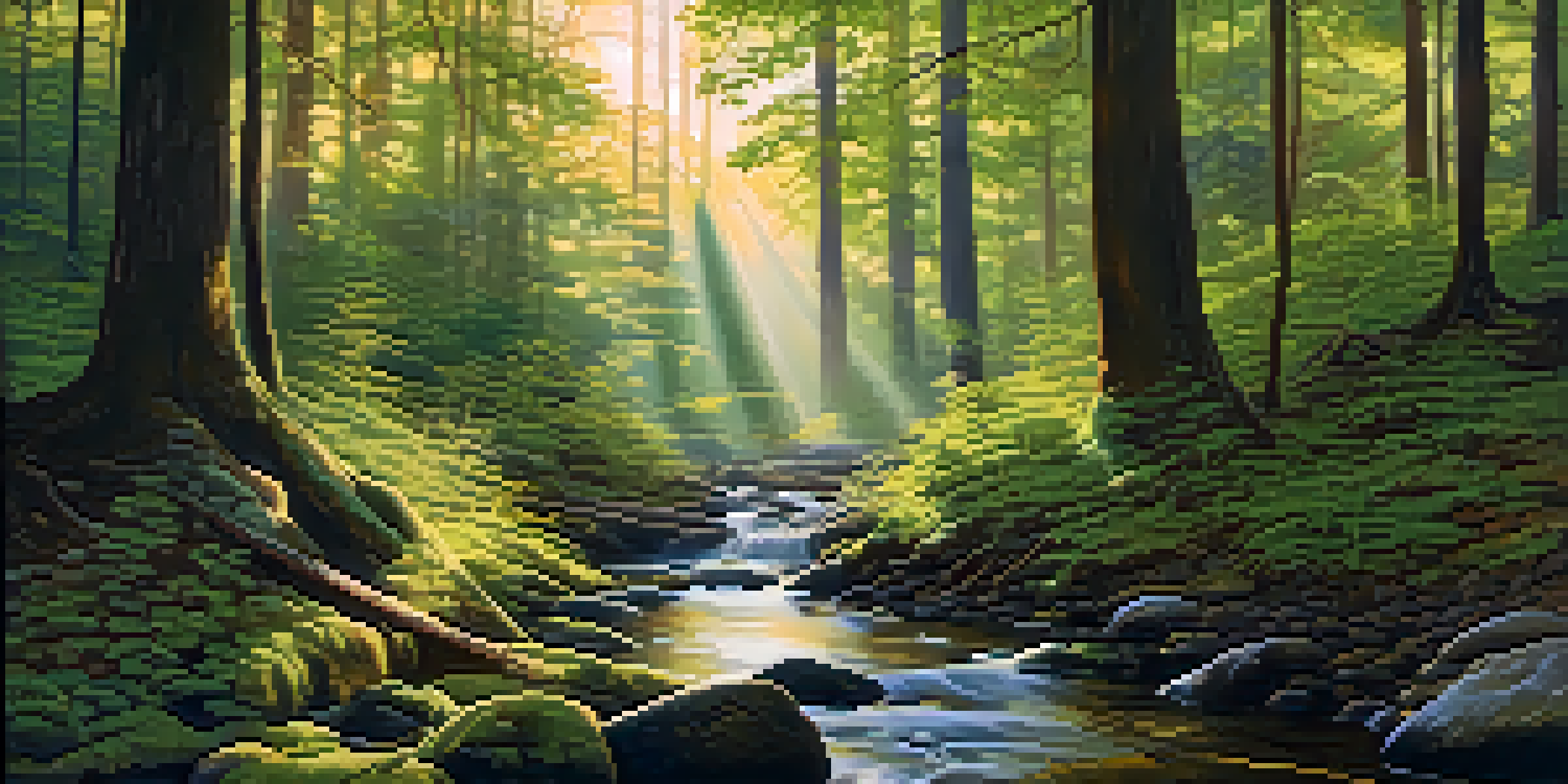 A tranquil forest at dawn with sunlight filtering through trees and a gentle stream, representing guidance and intuition.
