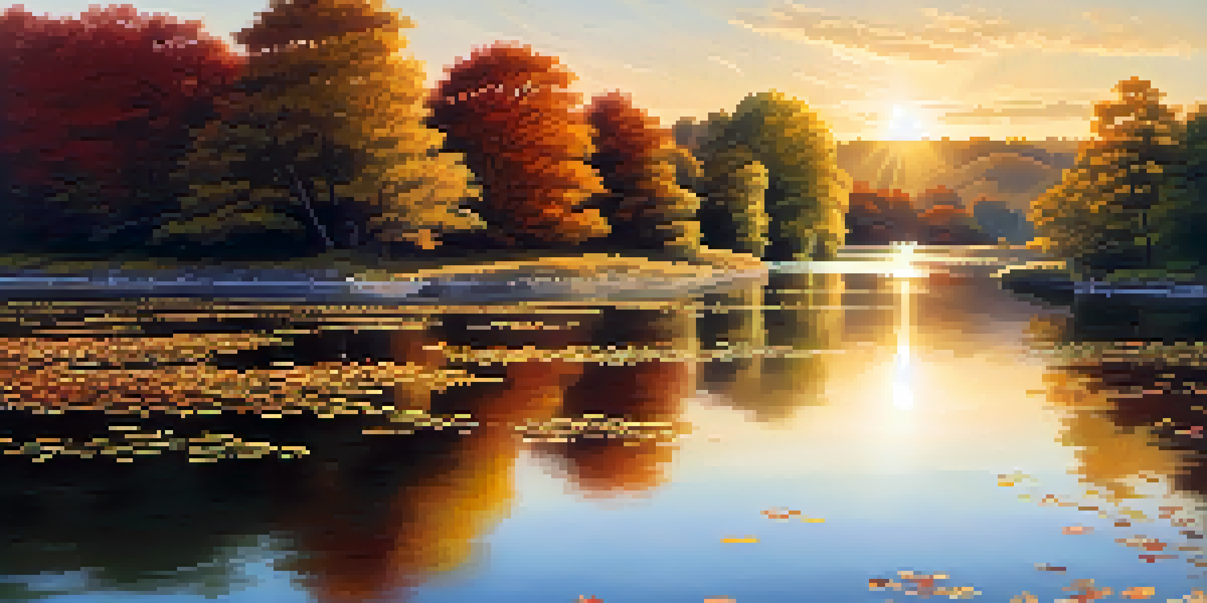 A peaceful river scene with autumn leaves floating on the water, illuminated by the setting sun.