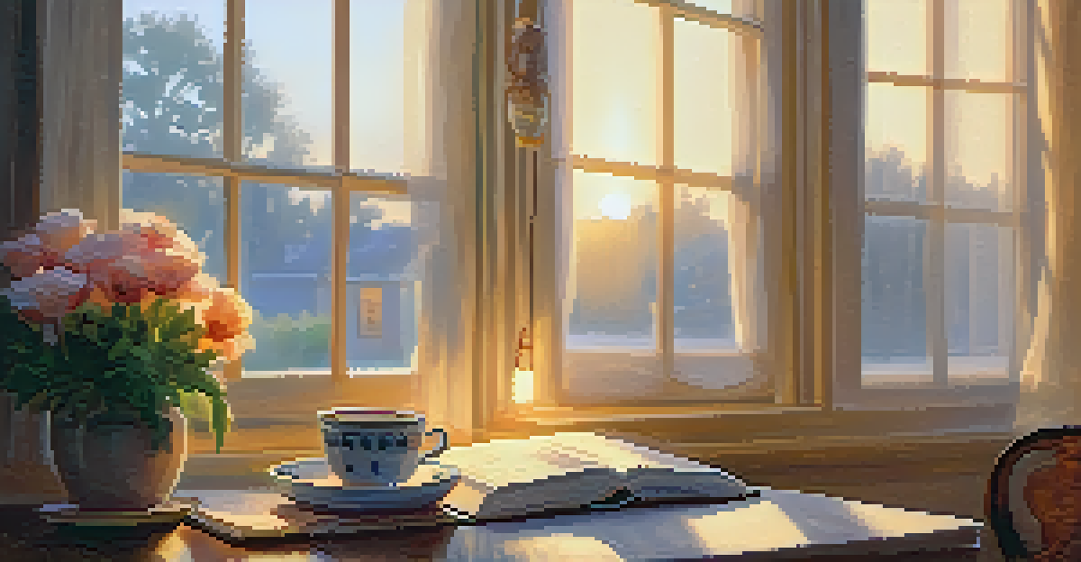 A person writing in a gratitude journal by a window, with a cup of tea and flowers on the table.