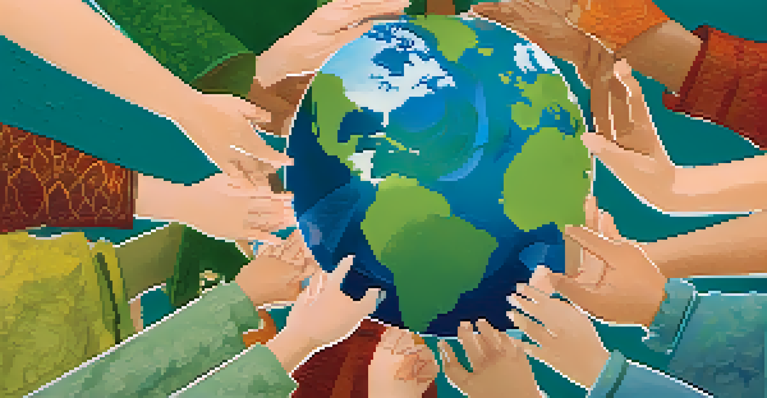 A globe surrounded by colorful hands representing different cultures and faiths, symbolizing unity in environmental care.