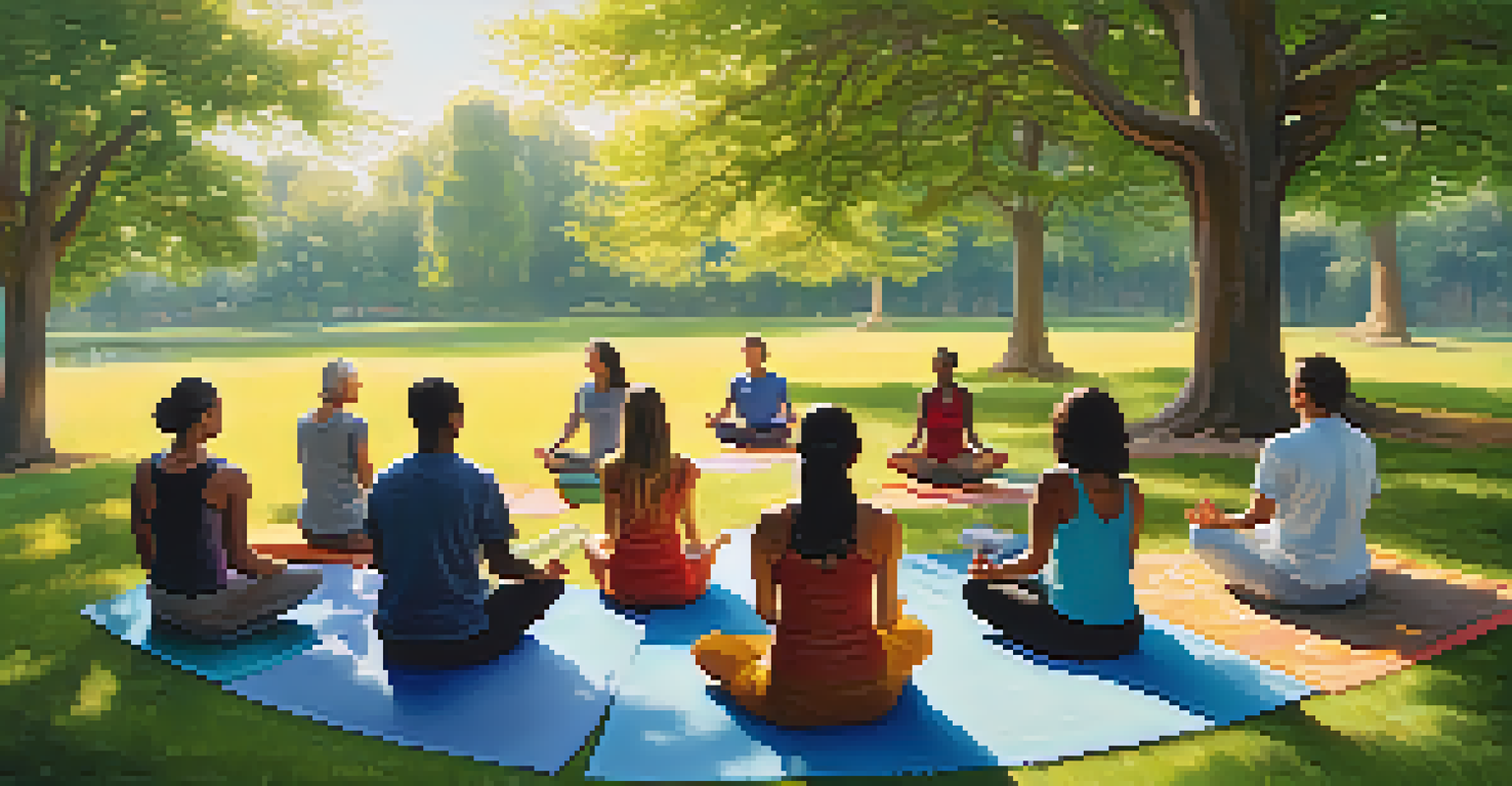 A group of individuals meditating outdoors in a park, surrounded by trees and flowers, creating a peaceful and harmonious scene.