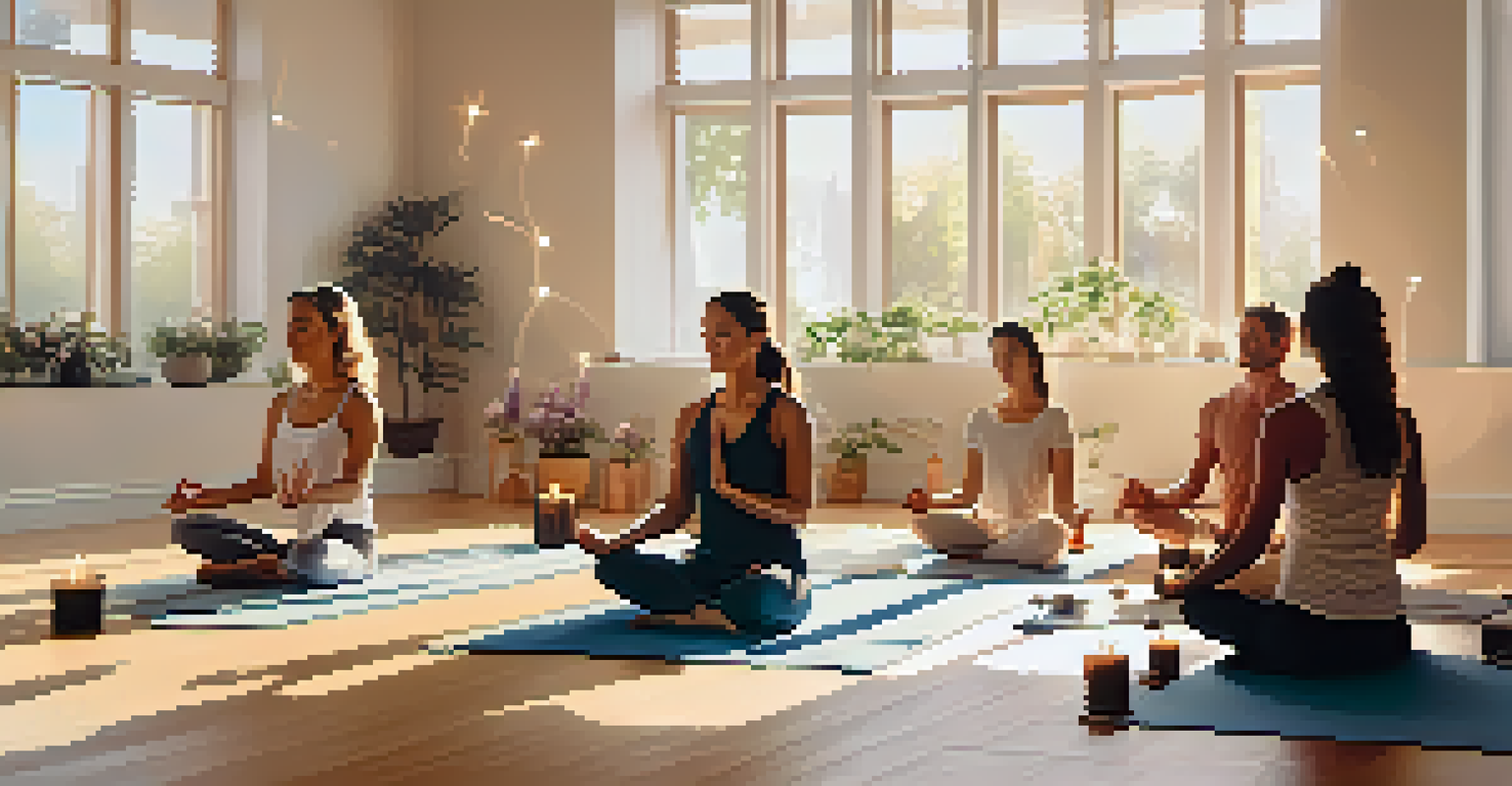 Participants meditating in a sunlit yoga studio filled with cushions and candles, with visual music notes in the air.