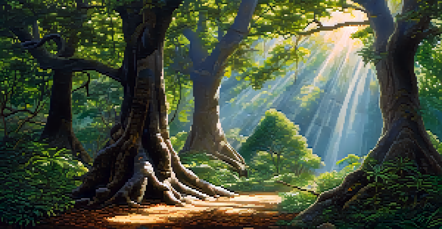 Close-up of sacred groves featuring ancient trees, wildlife, and small shrines, highlighting the connection between Hindu spirituality and nature.